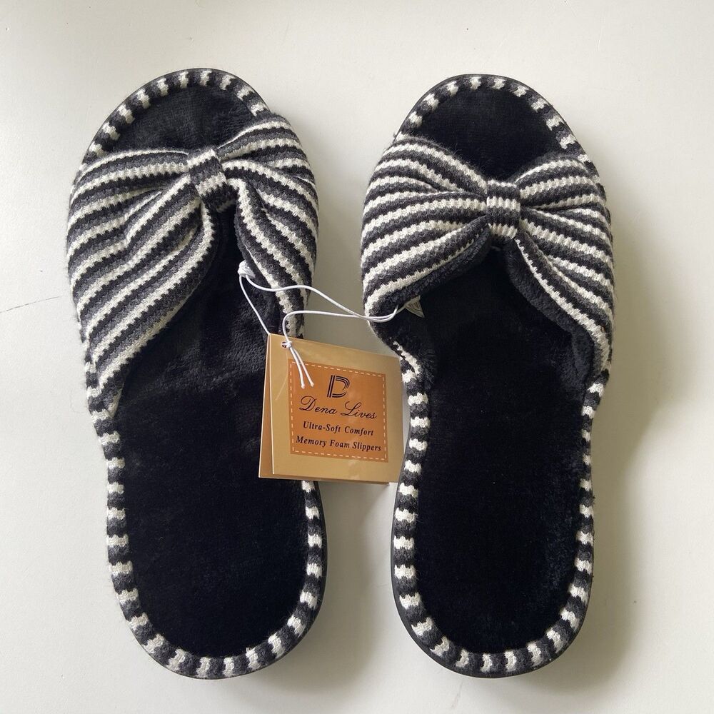 DL Memory Foam Open Toe Slide Slippers Bow Stripe White Black Size 9-10 (Large)